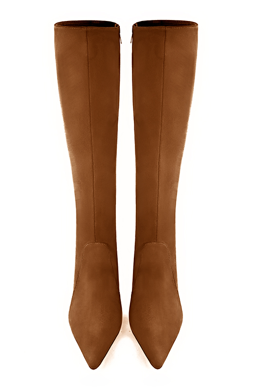 Caramel brown women's feminine knee-high boots. Pointed toe. Very high spool heels. Made to measure. Top view - Florence KOOIJMAN